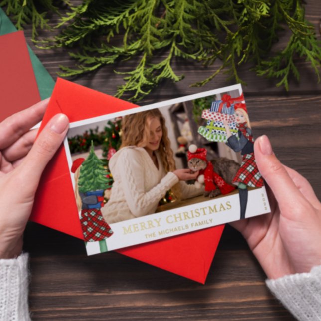 Carte De Vœux En Aluminium Illustration Festive Fille Noël avec photo Rouge (Créateur téléchargé)