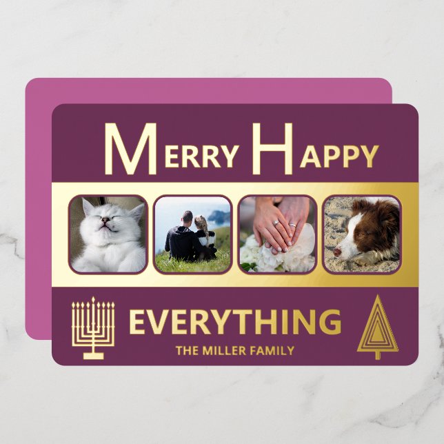 Carte De Vœux En Aluminium Interfaith 4 Photo Simple Trendy Purple Gold (Recto/Verso)