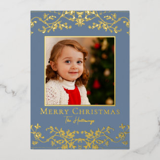 Carte De Vœux En Aluminium Intricate Vines Blue Gold Foil Holiday Card