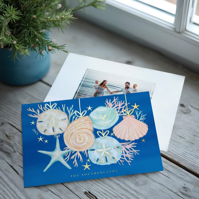 Carte De Vœux En Aluminium Joie Noël Océan Aquarelle Coquillage Ornements (Joy Christmas Ocean Watercolor Seashell Ornaments Foil Holiday Card)