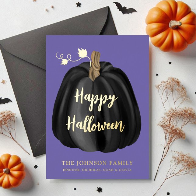 Carte De Vœux En Aluminium Joli Citrouille violet  Halloween or (Cute Purple Pumpkin Happy Halloween Gold Foil Holiday Card)