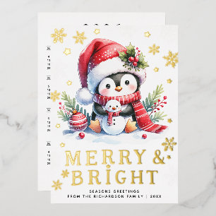 Carte De Vœux En Aluminium Joli Manchot Blanc Rouge Or Joyeux Noël Lumineux