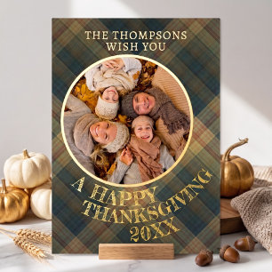 Carte De Vœux En Aluminium Joli motif carreauté de Thanksgiving doré joyeux