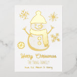 Carte De Vœux En Aluminium Joli Snowman personnalisé et photo<br><div class="desc">Jolie carte de Noël en feuille qui peut être personnalisée avec vos noms et salutations. bonhomme de neige en feuille d'or et texte à l'avant. Le dos a la photo et le texte.</div>