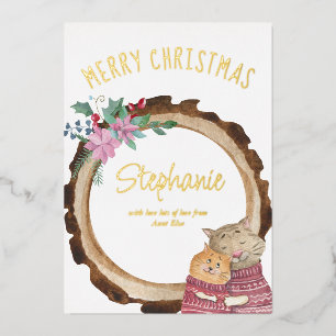 Carte De Vœux En Aluminium Jolis chatons de Noël Cadre en bois rustique Or