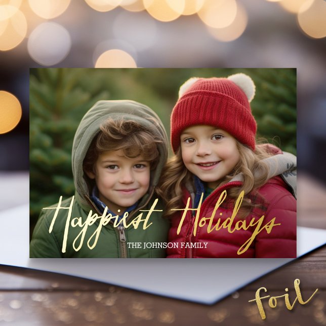Carte De Vœux En Aluminium Jours fériés les plus heureux Script photo complet (Gold Foil Christmas Photo Card - Modern Holiday Greeting)