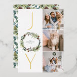 Carte De Vœux En Aluminium JOY Botanical Pine Wreath Photo Collage Noël<br><div class="desc">JOY | Envoyez vos salutations de vacances chaleureuses avec cette carte de Noël personnalisable en feuille d'or. Il comprend des aiguilles de pin aquarelle, des feuilles d'eucalyptus et des pinecones. Personnalisez cette carte de vacances verdoyante en ajoutant vos détails. Cette carte de Noël photo personnalisée est disponible sur d'autres cartes....</div>