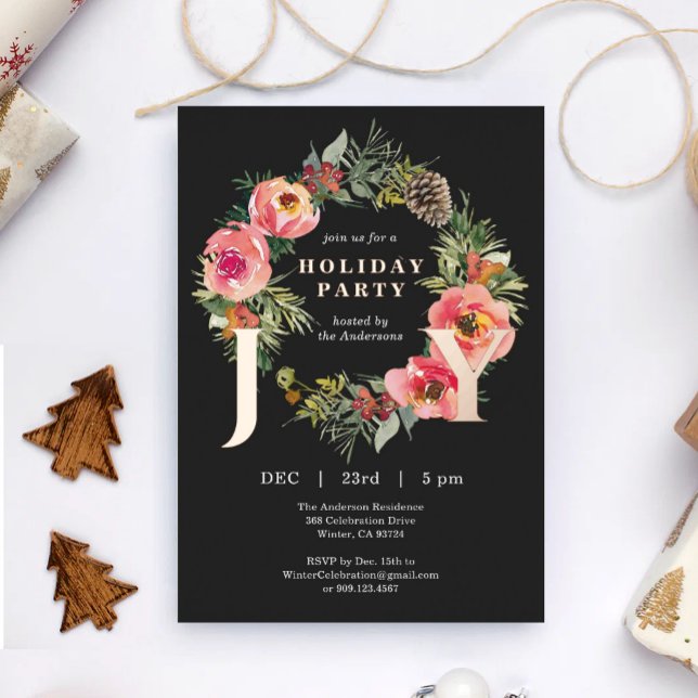 Carte De Vœux En Aluminium Joy Floral Wreath Black Christmas Party (Créateur téléchargé)