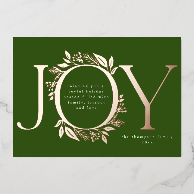 Carte De Vœux En Aluminium Joy Green Rose Gold Pine Berry Wreath Photo (Recto)
