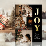 Carte De Vœux En Aluminium Joy Modern Gold Noir Noël 3 Photo Collage<br><div class="desc">Joy Modern Gold Black Christmas 3 Photo Collage Real Foil Carte de vacances. Envoyez des voeux de vacances avec des photos à vos proches avec cette carte de vacances Foil moderne et festive. Tous les textes sont pré-arrangés pour que vous personnalisiez facilement et rapidement avec vos propres détails. Joyeuses fêtes...</div>
