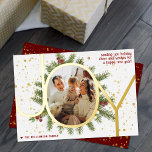 Carte De Vœux En Aluminium Joy Pine Boughs Wreath Christmas Photo Real<br><div class="desc">Envoyez les salutations de vacances de cette année dans le style avec ces cartes de fin de année uniques et modernes en papier à papier. Ajoutez facilement votre propre photo et votre propre libellé personnalisé à ces cartes de fin de année en utilisant la section "Modifier ce modèle de conception",...</div>