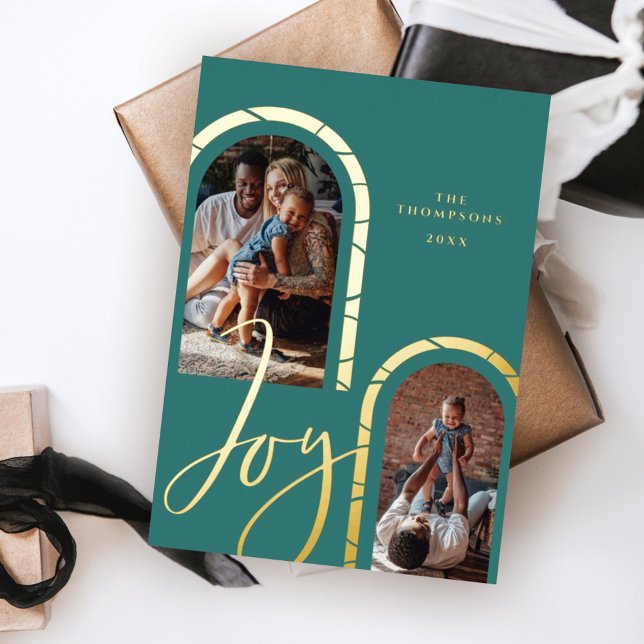 Carte De Vœux En Aluminium Joy Script Elegant Photo Famille Arches Modernes (Créateur téléchargé)