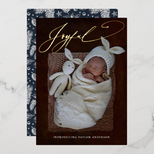 Carte De Vœux En Aluminium Joyeuse Calligraphie Holiday Foil Faire-part de na (Recto/Verso)