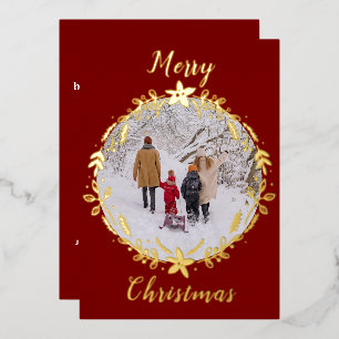 Carte De Vœux En Aluminium Joyeuse couronne de Noël ronde photo rouge