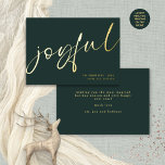 Carte De Vœux En Aluminium Joyeuse élégante calligraphie Nom Noël Vert<br><div class="desc">Joyful Elegant Calligraphy Nom Christmas Green Une touche de véritable feuille pour la typographie à l'avant en or,  argent ou or rose pour ce design minimaliste. Joyful est dans un script élégant,  et personnalisez facilement avec votre nom et votre salut sur le dos.</div>