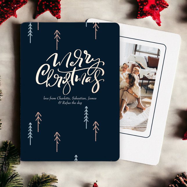 Carte De Vœux En Aluminium Joyeuse typographie de Noël Photo personnalisée (Merry Christmas real foil typography with Christmas tree detail, holiday cards from Ricaso)