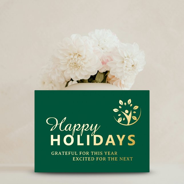 Carte De Vœux En Aluminium Joyeuses fêtes avec logo affaires vert or (Happy holidays with logo business green gold foil holiday card)