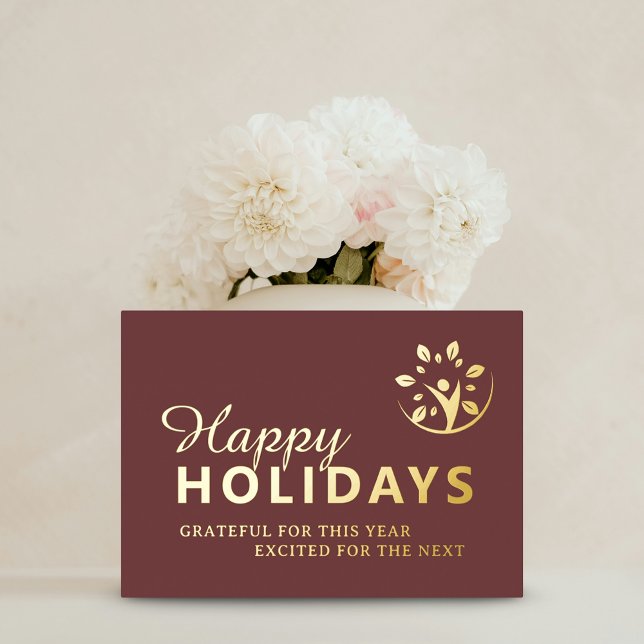 Carte De Vœux En Aluminium Joyeuses fêtes avec logo entreprise taupe dorure m (Happy holidays with logo business taupe gold foil foil holiday card)
