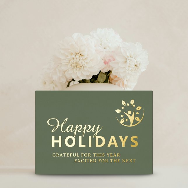 Carte De Vœux En Aluminium Joyeuses fêtes avec logo entreprise vert or métall (Happy holidays with logo business green gold foil foil holiday card)