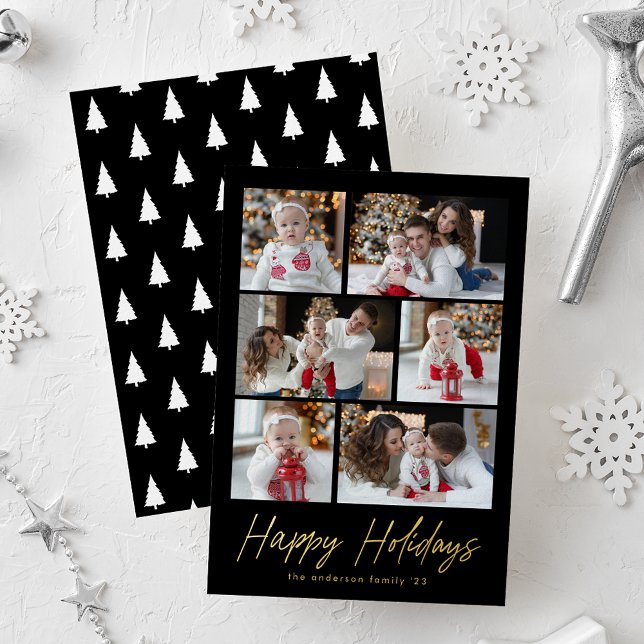 Carte De Vœux En Aluminium Joyeuses Fêtes Or Script 6 Photo Collage (Créateur téléchargé)