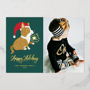 Carte De Vœux En Aluminium Joyeuses Fêtes Photo de Corgi au Père Noël Mignon