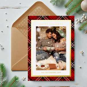 Carte De Vœux En Aluminium Joyeuses Fêtes Rouge Plaid Tartan Photo Noël