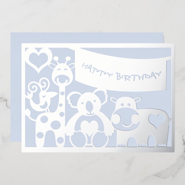 Carte De Vœux En Aluminium Joyeux Anniversaire Bébé Bébé Animaux Dans (Recto/Verso)