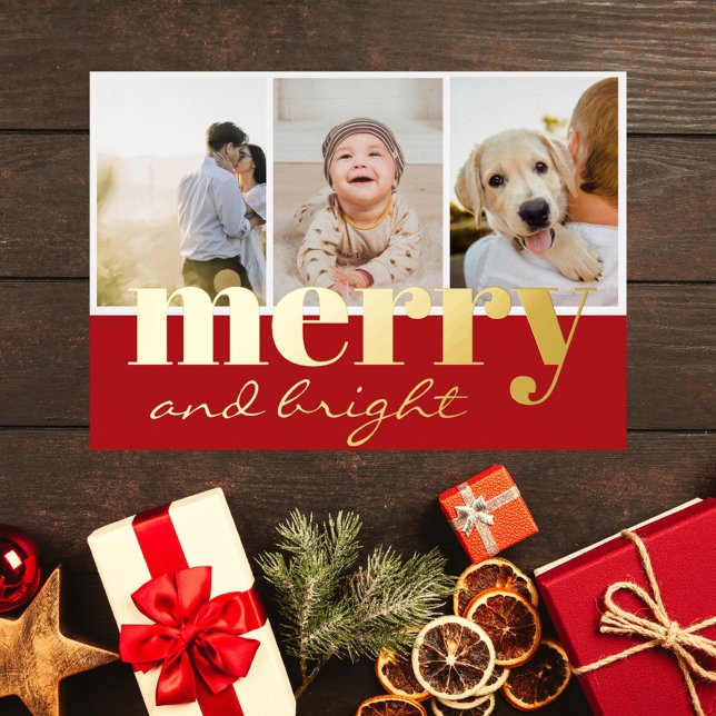 Carte De Vœux En Aluminium Joyeux Bright Trois Photo Rouge Blanc Noël (merry and bright elegant modern script wine red real gold foil 3 photo collage christmas card)