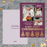 Carte De Vœux En Aluminium Joyeux Chrismukkah Chic 3 Photo Purple Gold<br><div class="desc">Des cartes de voeux personnalisées imprimées avec de la feuille d'or apportent une touche de luxe à vos envois de vacances. Facile à customiser, il suffit d'ajouter vos trois photos où elles apparaîtront légèrement chevauchant avec des bordures d'or mince sur l'arrière - plan plum violet solide. Éditez l'année en haut...</div>
