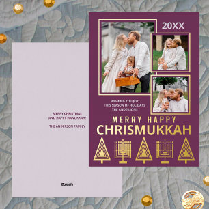Carte De Vœux En Aluminium Joyeux Chrismukkah Chic 3 Photo Purple Gold