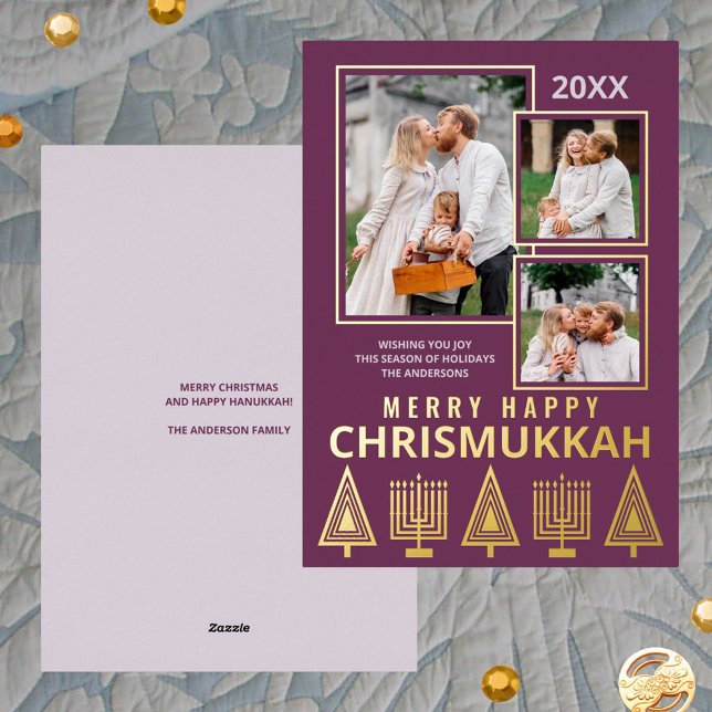 Carte De Vœux En Aluminium Joyeux Chrismukkah Chic 3 Photo Purple Gold (Add the elegance of real gold foil printing and your photos to your holiday greeting cards)