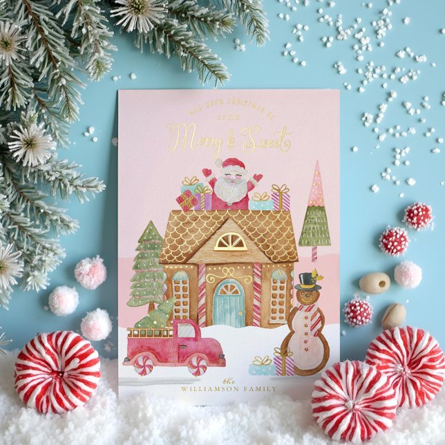Carte De Vœux En Aluminium Joyeux & Doux Aquarelle Pain d'épices Village de b (Merry & Sweet Watercolor Gingerbread Candy Village Foil Holiday Card)