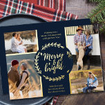 Carte De Vœux En Aluminium Joyeux et brillant 4 Photo Collage Bleu et Or<br><div class="desc">Personnalisez cette carte de Noël en feuille d'or de luxe avec quatre de vos photos préférées. Le modèle est configuré pour vous permettre d'ajouter vos quatre photos et, il a aussi deux sections pour vos salutations et vos noms. Le centre de la carte a une couronne d'hiver rustique avec le...</div>