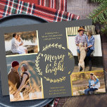 Carte De Vœux En Aluminium Joyeux et brillant 4 Photo Collage Gris et or<br><div class="desc">Personnalisez cette carte de Noël en feuille d'or de luxe avec quatre de vos photos préférées. Le modèle est configuré pour vous permettre d'ajouter vos quatre photos et, il a aussi deux sections pour vos salutations et vos noms. Le centre de la carte a une couronne d'hiver rustique avec le...</div>