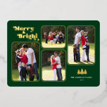 Carte De Vœux En Aluminium Joyeux et brillant Retro Photo Vert Noël Or<br><div class="desc">Cette carte de Noël contient le texte "Merry & Bright" qui apparaît dans une police de papier doré rétro amusante sur un arrière - plan vert foncé. Le design offre 4 cadres photo pour vos photos préférées. Photographie © Storytree Studios,  Stanford,  CA</div>