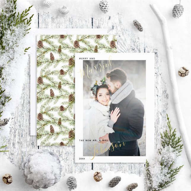 Carte De Vœux En Aluminium Joyeux et marié hiver Fir Cone photo Mariage (Créateur téléchargé)