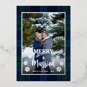 Carte De Vœux En Aluminium Joyeux et Mariés Photo Tartan Plaid Bleu Vert