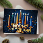 Carte De Vœux En Aluminium Joyeux Hanoukka dessin Abstrait Menorah Gold Blue<br><div class="desc">Dessin de Menorah Happy Hanoukka Gold Blue</div>