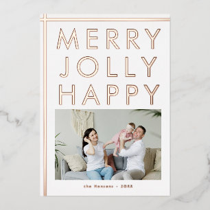 Carte De Vœux En Aluminium Joyeux Jolly Happy Family Photo Gold de Noël