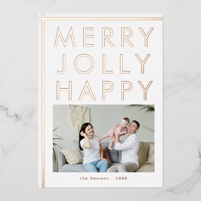 Carte De Vœux En Aluminium Joyeux Jolly Happy Family Photo Gold de Noël (Recto)