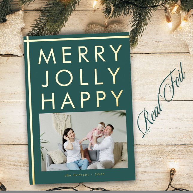 Carte De Vœux En Aluminium Joyeux Jolly Happy Family Photo Gold de Noël (Créateur téléchargé)