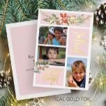 Carte De Vœux En Aluminium Joyeux Joyeux et brillant Noël photo blush or<br><div class="desc">Carte de vacances luxe en feuille d'or de collection moderne en rose vif 3 photo collage avec un bouquet saisonnier de fleurs d'aquarelle de Noël avec une fleur en terre cuite rouge poinsettia, une pinecone, des bouges de sapin vert chasseur de sauge, des baies rouges, et feuillage avec "Joyeux" "Joyeux...</div>