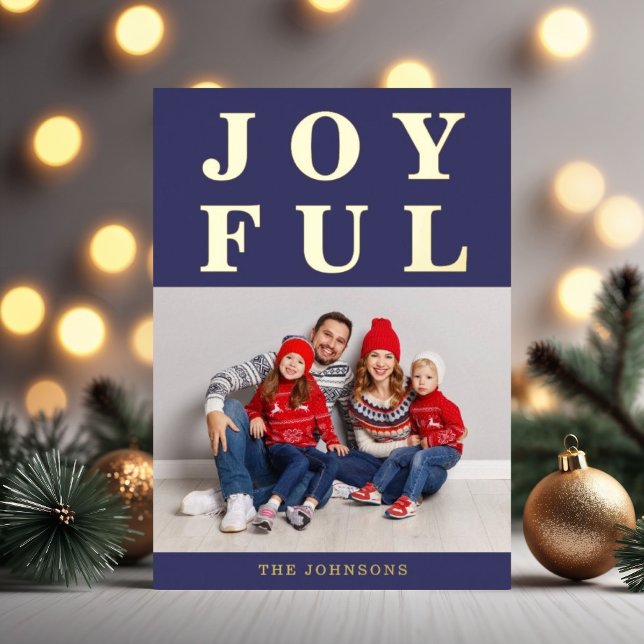 Carte De Vœux En Aluminium Joyeux Marine moderne Bleu Photo Or de Noël (Modern Navy Blue Joyful Photo Christmas Gold Foil Holiday Card)