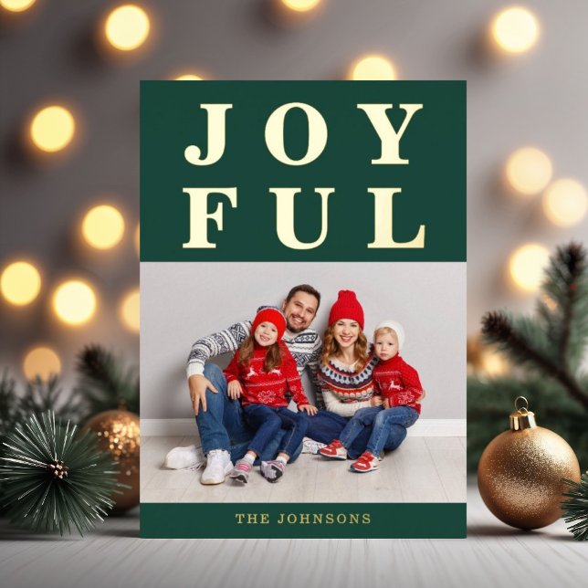 Carte De Vœux En Aluminium Joyeux moderne Emerald Green Photo Christmas Gold (Modern Emerald Green Joyful Christmas Photo Gold Foil Holiday Card)