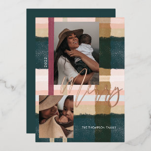 Carte De Vœux En Aluminium Joyeux moderne vert & rose Plaid Plaid Deux Photo