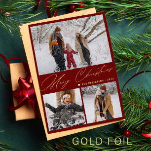 Carte De Vœux En Aluminium Joyeux Noël 3 photo collage élégant or rouge