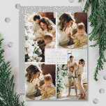 Carte De Vœux En Aluminium Joyeux Noël 4 Photo Collage Argent<br><div class="desc">Les vraies cartes de voeux de Noël comprennent votre nom de famille et l'accueil Joyeux Noël et Bonne Année en papier argenté chic avec votre collage photo préféré 4 bordé en papier argenté sur le devant et vos prénoms sur le dos. Le service Live Design peut vous aider à organiser...</div>