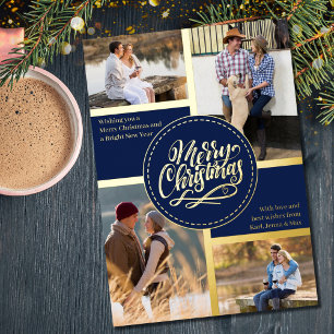 Carte De Vœux En Aluminium Joyeux Noël 4 Photo Collage Bleu et Or