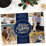 Carte De Vœux En Aluminium Joyeux Noël 4 Photo Collage Bleu et Or<br><div class="desc">Personnalisez cette carte de Noël en feuille d'or de luxe avec quatre de vos photos préférées. Le modèle est configuré pour vous permettre d'ajouter vos quatre photos et, il a aussi deux sections pour vos salutations et vos noms. Le centre de la carte a le libellé "Joyeux Noël" dans une...</div>