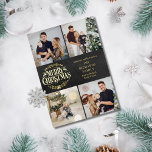 Carte De Vœux En Aluminium Joyeux Noël 4 Photo Collage Chalkboard Or<br><div class="desc">Un design élégant en papier doré 4 photo collage de vacances design pour vous de personnaliser avec vos photos préférées, message, noms et année sur un arrière - plan de tableau noir. L'envers comporte des flocons de neige tombant sur un arrière - plan de tableau de bord correspondant. Conçu par...</div>